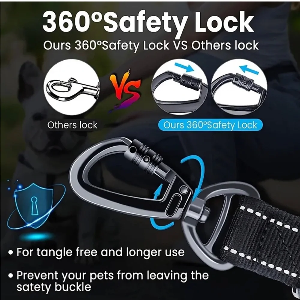 Reflective Black Padded Dog Leash w/2 Handles- Car Clip & Bonus Waste Bag Holder